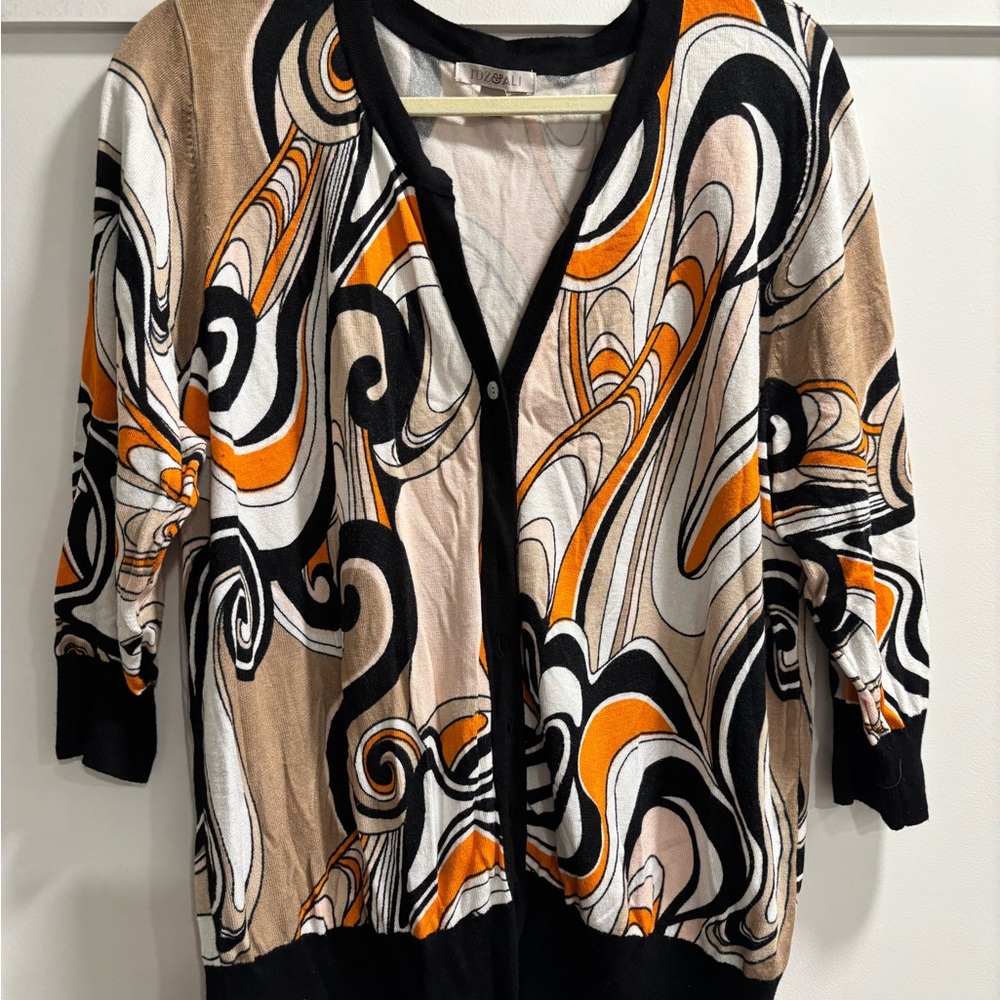 Roz & Ali Black and Orange Graphic 3/4 Sleeve Cardigan